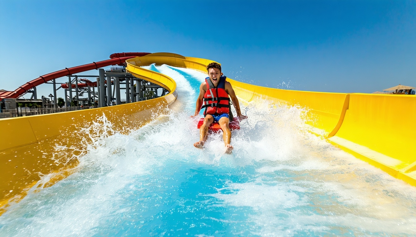 Adventurers enjoying a high-speed water slide at a Dubai water park