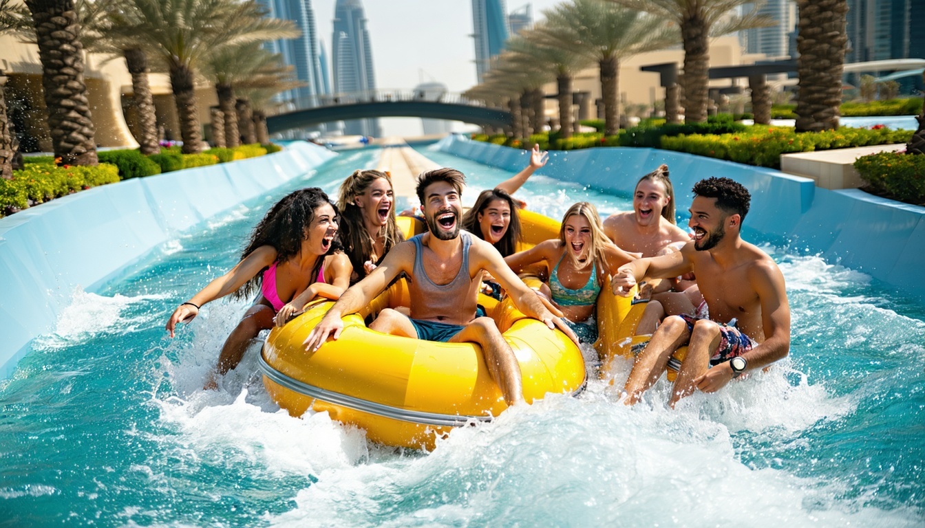 Group of friends laughing on a winding lazy river ride in Dubai
