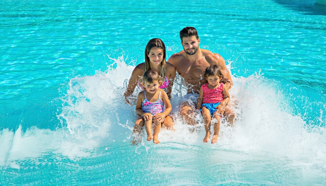 Family relaxing in a tranquil wave pool under the Dubai sun
