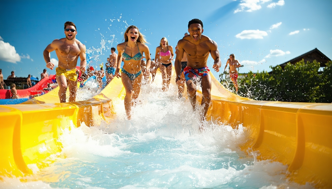 Group of friends enjoying waterslides